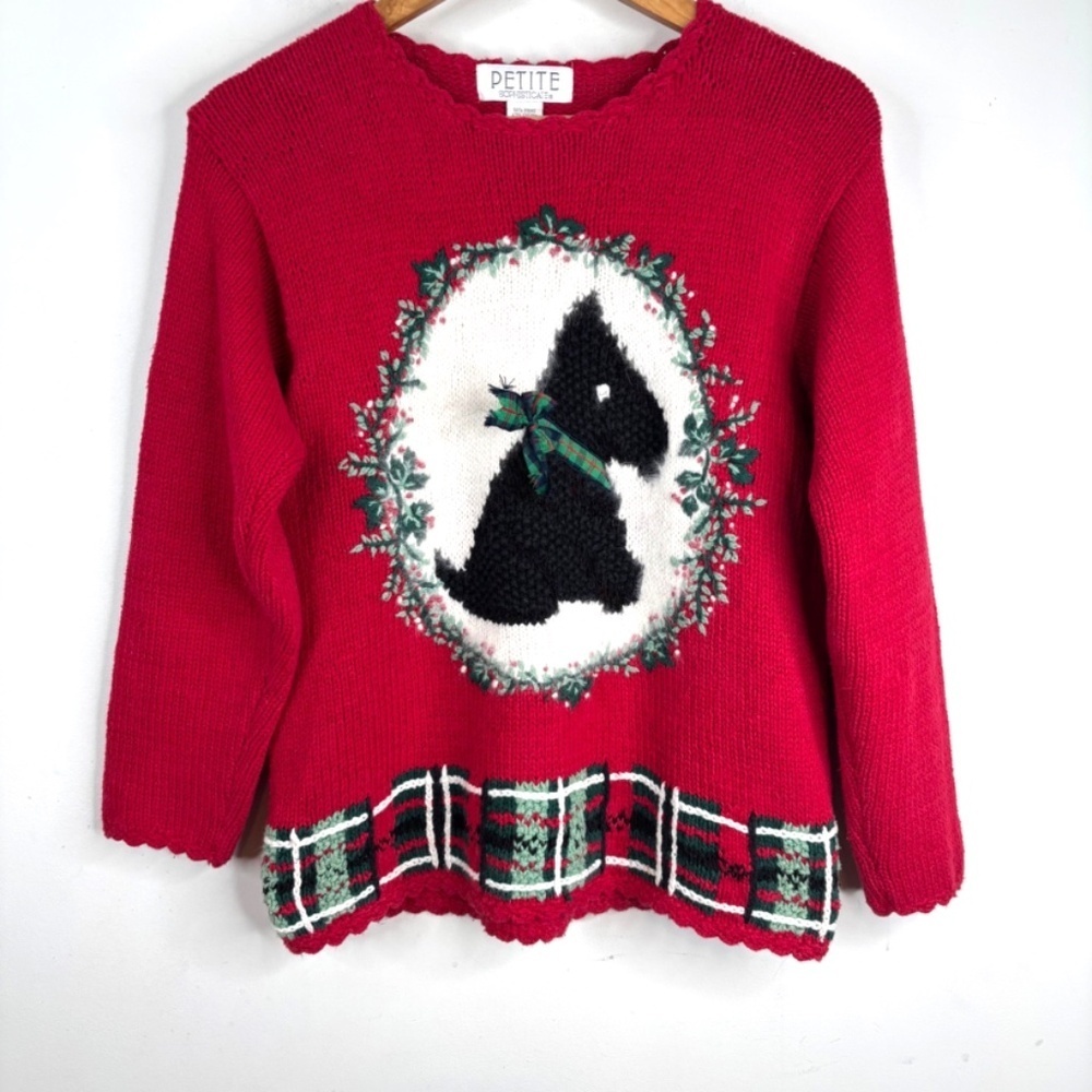 VTG Petite Sophisticate Scottie Dog Christmas Sweater Embroidery Granny Cottage